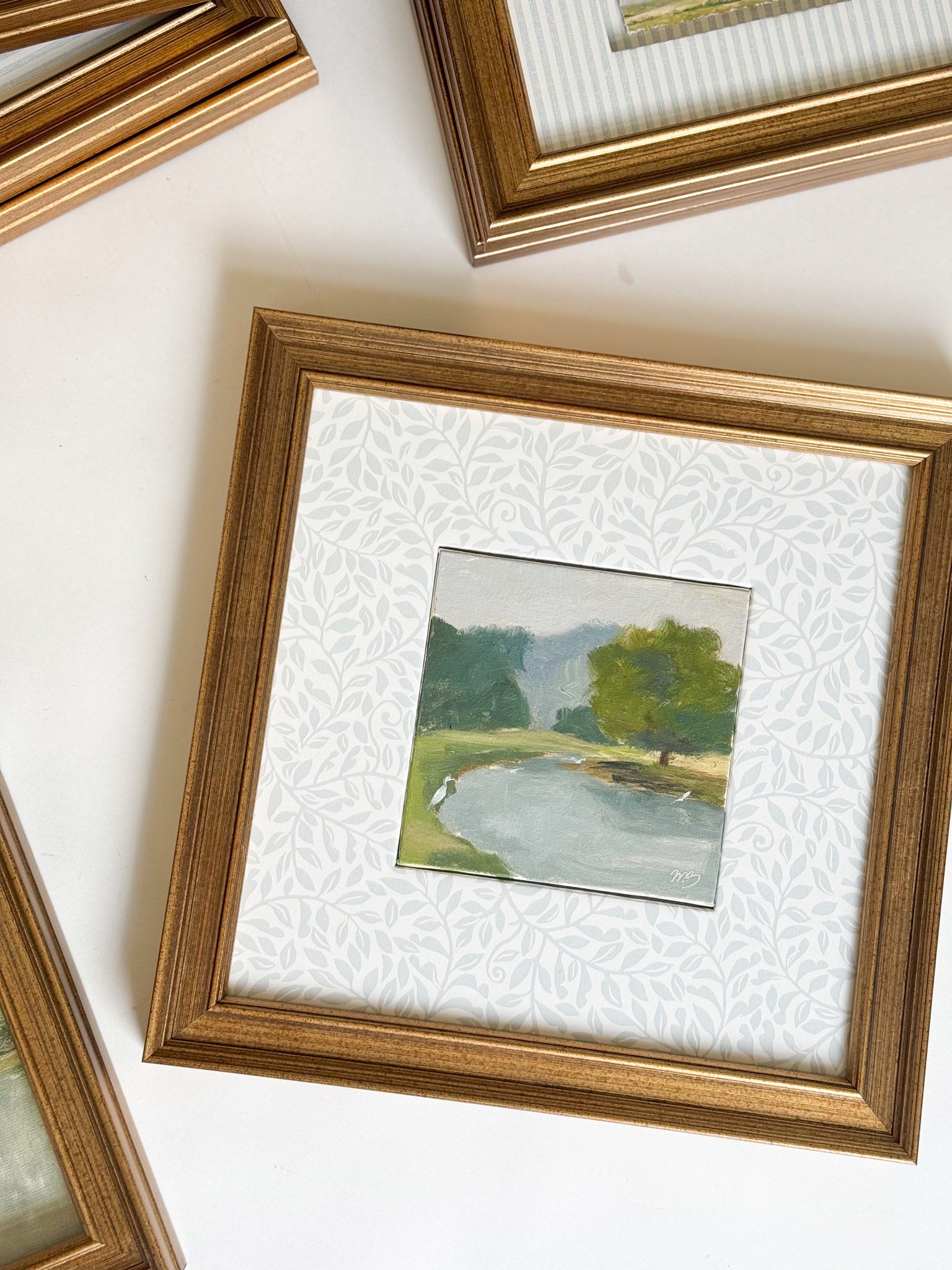 Pond at Morning - 4x4" Oil on Panel - Matted & Framed